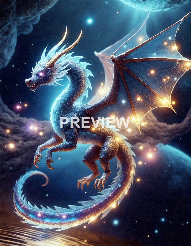 A fantastical dragon with glowing blue and white scales, large wings shimmering with star-like lights, flying through a cosmic, star-filled sky amidst clouds.